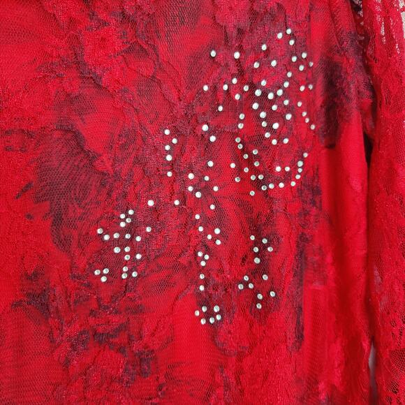Frazzle Sz M Red Black Lace Beaded Shirt Sheer Blouse Top Fairy Grunge Goth - Picture 2 of 7